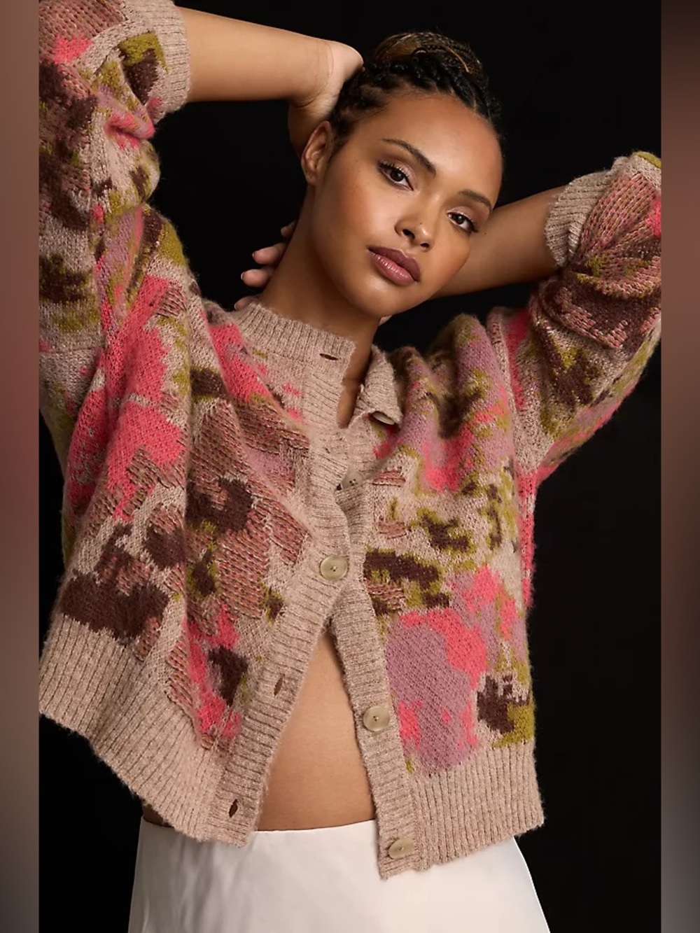 By Anthropologie Textured Crewneck Cardigan Sweater Tan Pink Floral wool medium